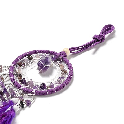 Natural Amethyst Woven Web/Net with Feather Pendant Decorations PW-WG69741-01-1