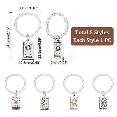 5Pcs 5 Style Rectangle with Tarot 316 Stainless Steel Pendant Keychains KEYC-UN0001-13P-1