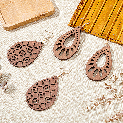 2 Pairs 2 Style Natural Wood Hollow Out Teardrop Dangle Earrings EJEW-AN0001-54-1