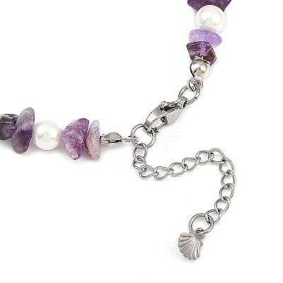 Alloy Enamel Shell Shape Charm White Round Shell Pearl & Natural Amethyst Chip Beaded Anklets AJEW-AN00734-03-1