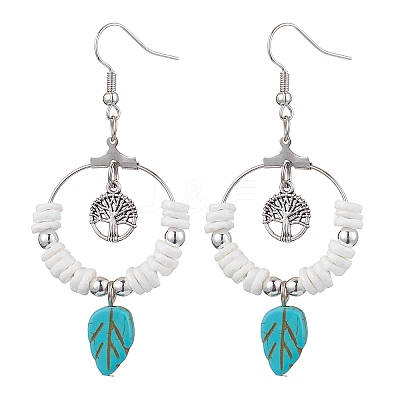 Natural Sea Shell Beads and Synthetical Dyed Turquoise Leaf Pendants Earrings EJEW-JE05921-1