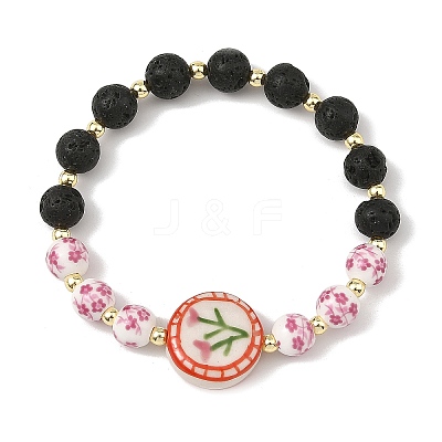 2Pcs 2 Colors Handmade Printed Porcelain Floral Flat Round & Round Natural Lava Rock Beaded Stretch Bracelet Sets BJEW-JB14186-1