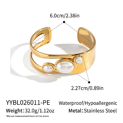 Imitation Pearl Oval 304 Stainless Steel Hollow Open Cuff Bangles for Women RV6494-2-1