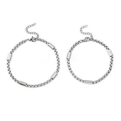 2Pcs 2 Styles Tarnish Resistant 304 Stainless Steel Box Chains Bracelets for Couples BJEW-JB12634-1