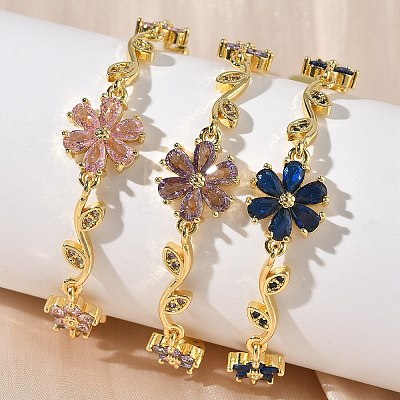 Brass Micro Pave Cubic Zirconia Flower & Leaf Link Chain Bracelets for Women BJEW-G764-03G-1