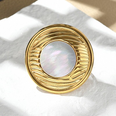 Flat Round 304 Stainless Steel White Shell Finger Rings for Women RJEW-G346-05G-02-1