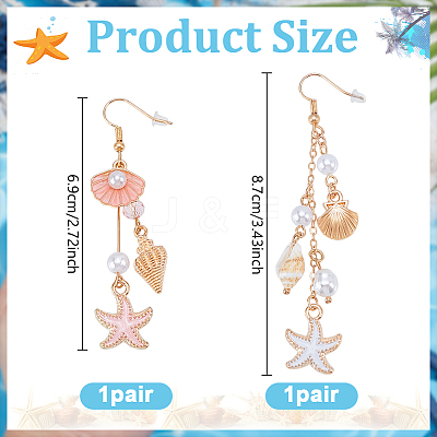 2 Pairs 2 Styles Alloy Enamel Starfish with Shell Shape Dangle Earrings EJEW-GA0001-10-1