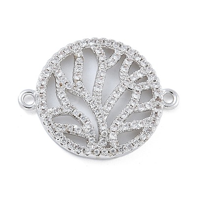 Rack Plating Brass Micro Pave Clear Cubic Zirconia Flat Round with Tree Connector Charms KK-A234-034P-1