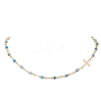 Faceted Dyed Natural Agate Round Beads & 304 Stainless Steel Tiny Cross Handmade Link Chain Necklaces NJEW-JN05842-01-1