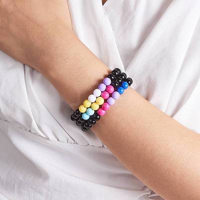 Acrylic Round Beaded Stretch Bracelet for Women BJEW-SW00066-01-1