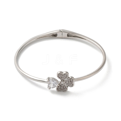 Rack Plating Brass Pave Clear Cubic Zirconia Clover & Heart Hinged Bangles BJEW-H616-01P-1