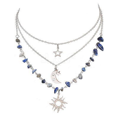 201 Stainless Steel Sun Moon Star Pendant Natural Lapis Lazuli & 304 Stainless Steel Link Chain 3 Layer Necklaces for Women NJEW-JN05470-04-1
