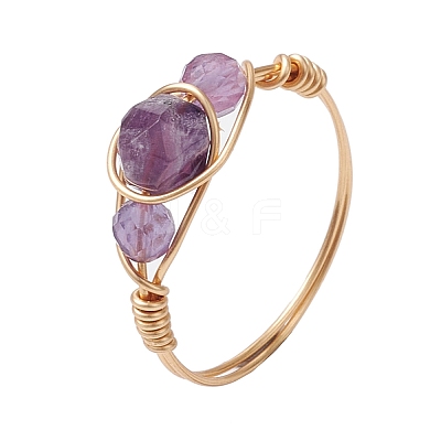 6Pcs Round Natural Rose Quartz & Amethyst & Fluorite & Carnelian & Amazonite & Red Agate Finger Ring RJEW-JR00754-S-1