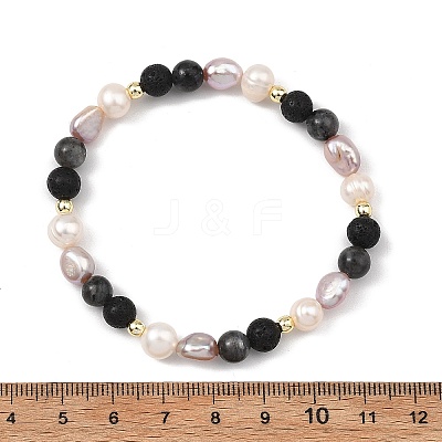 Natural Larvikite & Lava Rock Cultured Freshwater Pearl Beads Stretch Bracelets for Women BJEW-JB14084-1