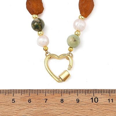 Raw Rough Natural Amber & Round Green Line Jasper & Potato Pearl Beaded Necklaces with Brass Screw Carabiner Lock Charms NJEW-JN06583-02-1