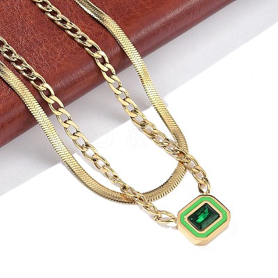 304 Stainless Steel Rhinestone Rectangle Pendant Double Layer Necklaces for Women NJEW-Z070-01G-02-1