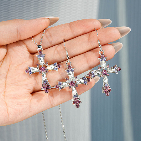 Bohemian Style Cross Alloy Rhinestone Pendant Necklace & Dangle Earrings Sets FS-WGD7F08-01-1