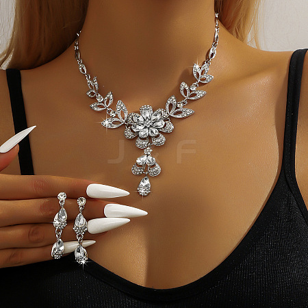 Flower Alloy Rhinestone Pendant Necklaces & Teardrop Stud Dangle Earrings Sets FS-WG19EE6-01-1