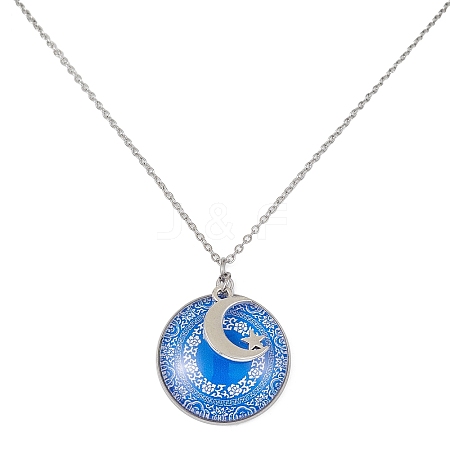 Steel Blue Glass Flat Round & Alloy Pendant Necklace NJEW-JN04453-03-1