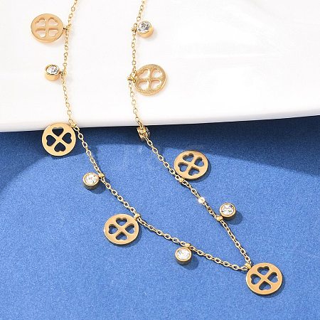 Saint Patrick's Day 304 Stainless Steel Crystal Rhinestone Flat Round and Clover Tassel Bib Necklaces for Women NJEW-A064-01G-1
