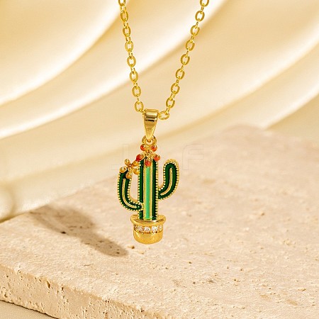 Cinco de Mayo Brass Pave Cubic Zirconia Enamel Green Cactus Pendant Necklaces for Women WG6DDE4-05-1