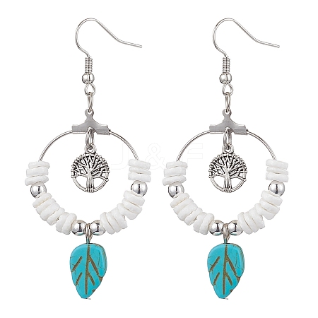 Natural Sea Shell Beads and Synthetical Dyed Turquoise Leaf Pendants Earrings EJEW-JE05921-1