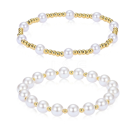 2Pcs 2 Styles ABS Plastic Imitation Pearl & Shell Pearl & Brass Beads Bracelets BJEW-SW01606-1