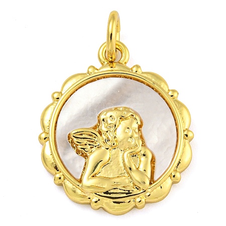 Real 18K Gold Plated Brass Pendants with Shell and Jump Rings KK-D534-04G-01-1