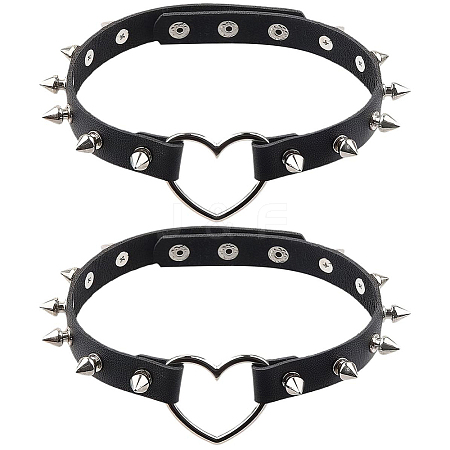 2Pcs Adjustable Gothic PU Leather Alloy Heart Spike Rivet Heart Choker Necklaces for Women NJEW-CL0001-17A-1