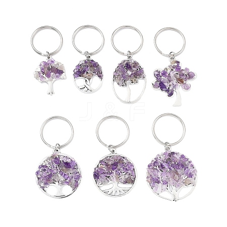 Natural Amethyst Chip & Alloy Tree of Life Pendant Keychain KEYC-JKC00648-06-1
