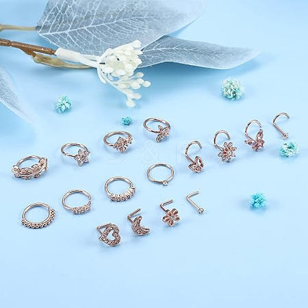 16Pcs 16 Styles 316L Surgical Stainless Steel Rhinestone Nose Studs & Rings WGD5AA5-03-1