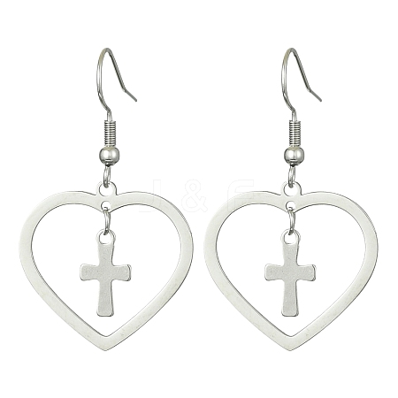 201 Stainless Steel Heart & 304 Stainless Steel Cross Dangle Earrings EJEW-JE05562-1