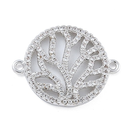 Rack Plating Brass Micro Pave Clear Cubic Zirconia Flat Round with Tree Connector Charms KK-A234-034P-1