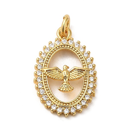 Oval with Eagle Rack Plating Brass Micro Pave Clear Cubic Zirconia Pendants KK-K377-21G-1