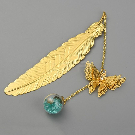 Golden Tone Brass Feather Bookmarks AJEW-WH0020-55G-05-1