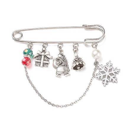 Christmas Gift Box & Snowflake & Santa Claus Charms Alloy Safety Pin Brooch JEWB-TA00001-1
