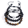 3Pcs 3 Styles Bohemian Style Natural Black Onxy & Lava Rock & Tiger Eye Round Beaded Braided Bead Bracelet Set for Men FX6135-5