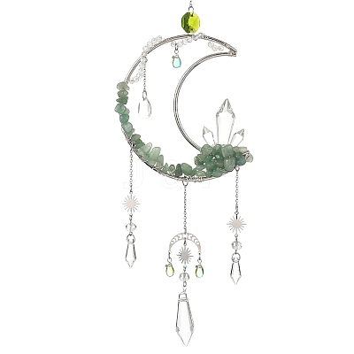 Moon Natural Green Aventurine & 304 Stainless Steel & Brass Suncatchers HJEW-TA00488-02-1