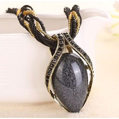 Bohemian Style Teardrop Zinc Alloy & Resin & Glass Seed Beaded Pendant Necklaces FS-WGFDF3E-06-1