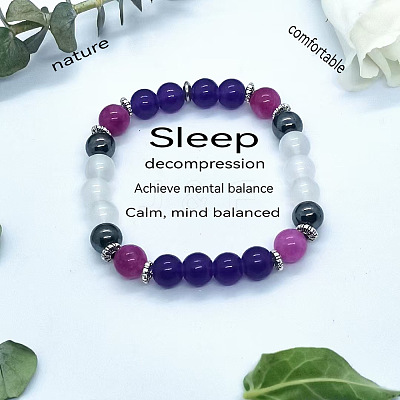 Round Natural Amethyst& Synthetic Non-magnetic Hematite & Glass Beads Stretch Bracelets for Girl Women FS-WGE0C43-03-1