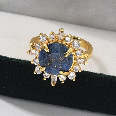 Sunflower Natural Lapis Lazuli Finger Rings RJEW-B113-03G-02-1