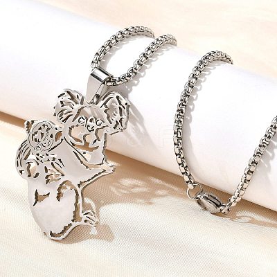 201 Stainless Steel Laser Cut Mother and Baby Koala Pendant Box Chain Necklaces for Women Men NJEW-E156-01P-1