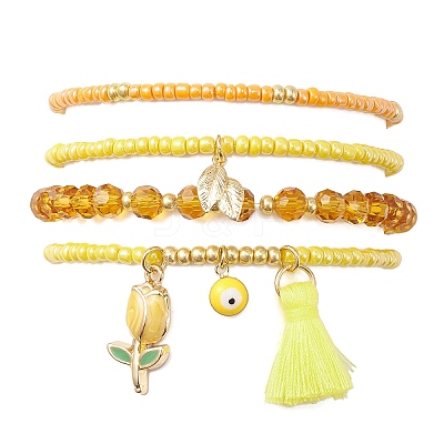 4Pcs 4 Style Evil Eye Valentine's Theme Alloy Enamel & Polycotton(Polyester Cotton) Tassel Charm Bracelets Set BJEW-JB09618-04-1
