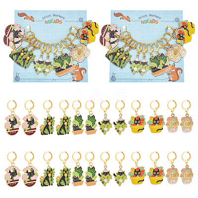 Potted Plant with Cat Alloy Enamel Pendant Stitch Markers HJEW-AB00313-1