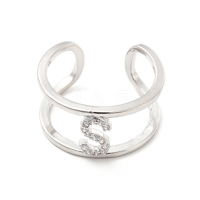 Clear Cubic Zirconia Initial Letter Open Cuff Ring RJEW-A012-01P-S-1