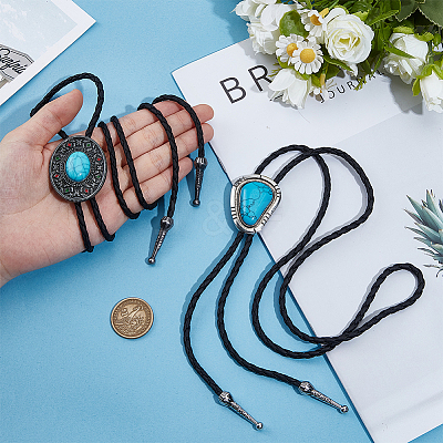 2Pcs 2 Styles Alloy & Synthetic Turquoise Oval Triangle Pendant Boho Tie Lariat Necklaces NJEW-GF0001-18-1