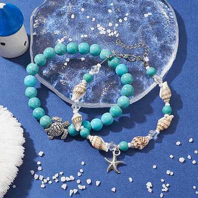 2Pcs 2 Style Synthetic Turquoise & Glass & Shell Stretch Bracelets with Tortoise BJEW-JB10091-02-1
