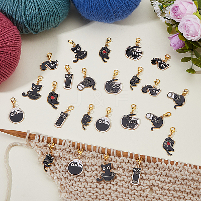 24Pcs 8 Styles Cat Alloy Enamel Pendant Locking Stitch Markers HJEW-HS00078-1
