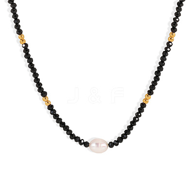 Natural Black Spinel Faceted Rondelle and Freshwater Pearl Beaded Necklaces AF5401-1