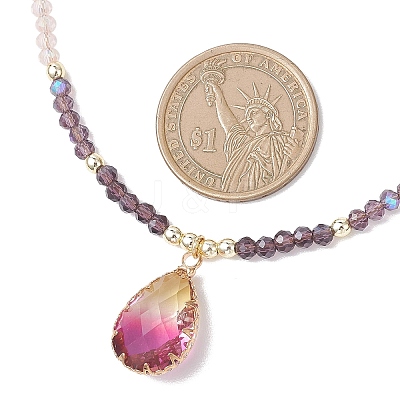 2Pcs 2 Styles Violet K9 Glass Teardrop Heart Pendant Colorful Electroplated Glass Faceted Rondelle Beaded Necklaces NJEW-JN05753-1